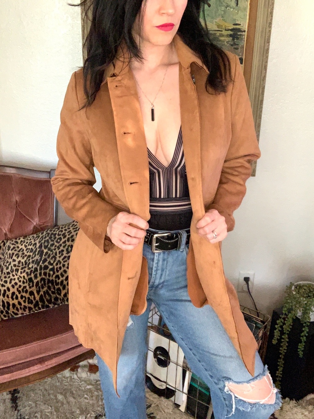 T Tahari faux suede car coat in tobacco.
